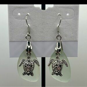 Sea Glass & Silver Turtle Dangle Earrings